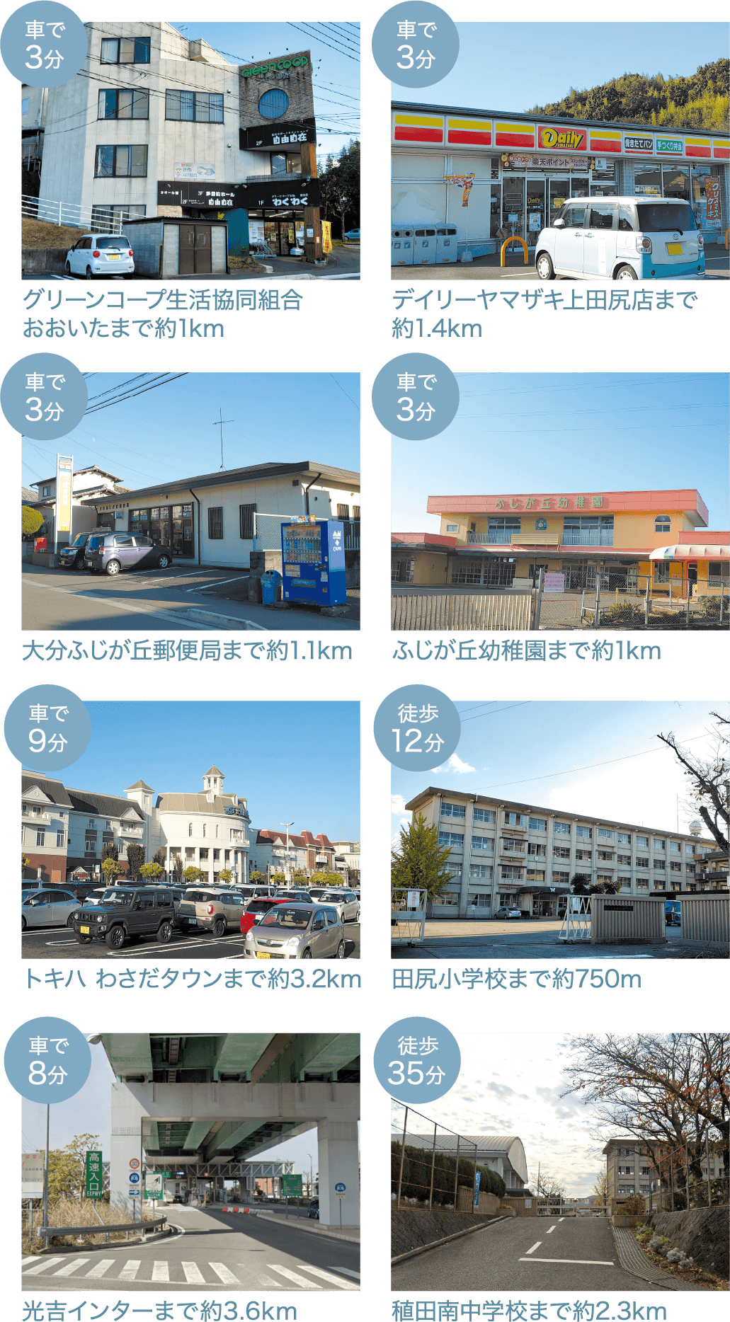 周辺施設 グリーンコープ生活協同組合おおいたまで約1km、デイリーヤマザキ上田尻店まで約1.4km、大分ふじが丘郵便局まで約1.1km、ふじが丘幼稚園まで約1km、トキハ わさだタウンまで約3.2km、田尻小学校まで約750m、光吉インターまで約3.6km、穐田南中学校まで約2.3km